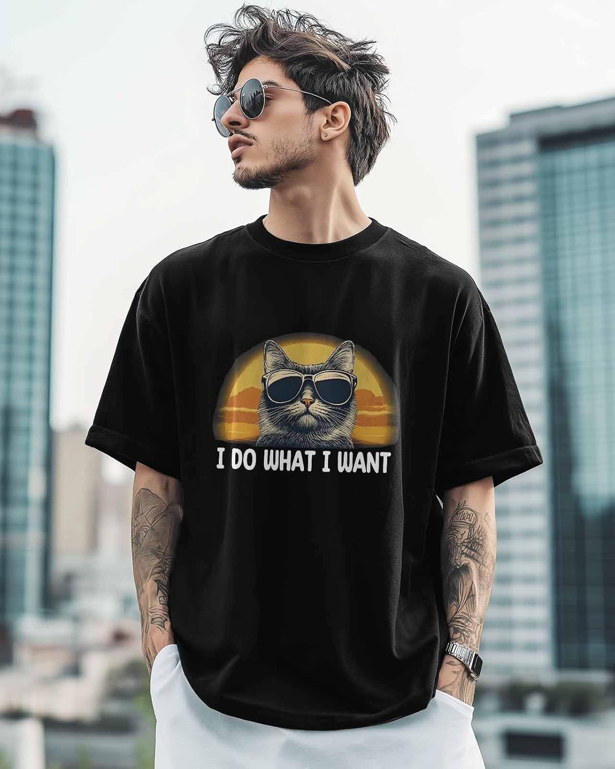T Shirts for Men Graphic Tees Men Sunglasses Cat Crew Neck Mens Shirts Short Sleeve Art Casual T-Shirt - Image 3