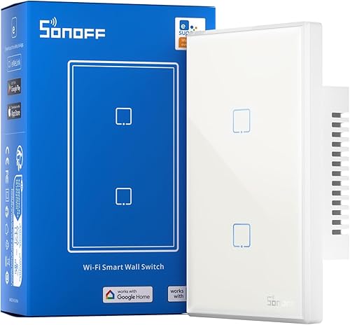 Miniatura 1 de SONOFF Interruptor de luz inteligente, interruptor de pared inteligente WiFi táctil de 2.4 GHz para luces, 2 cuadrillas 1 vía TX T0, blanco,