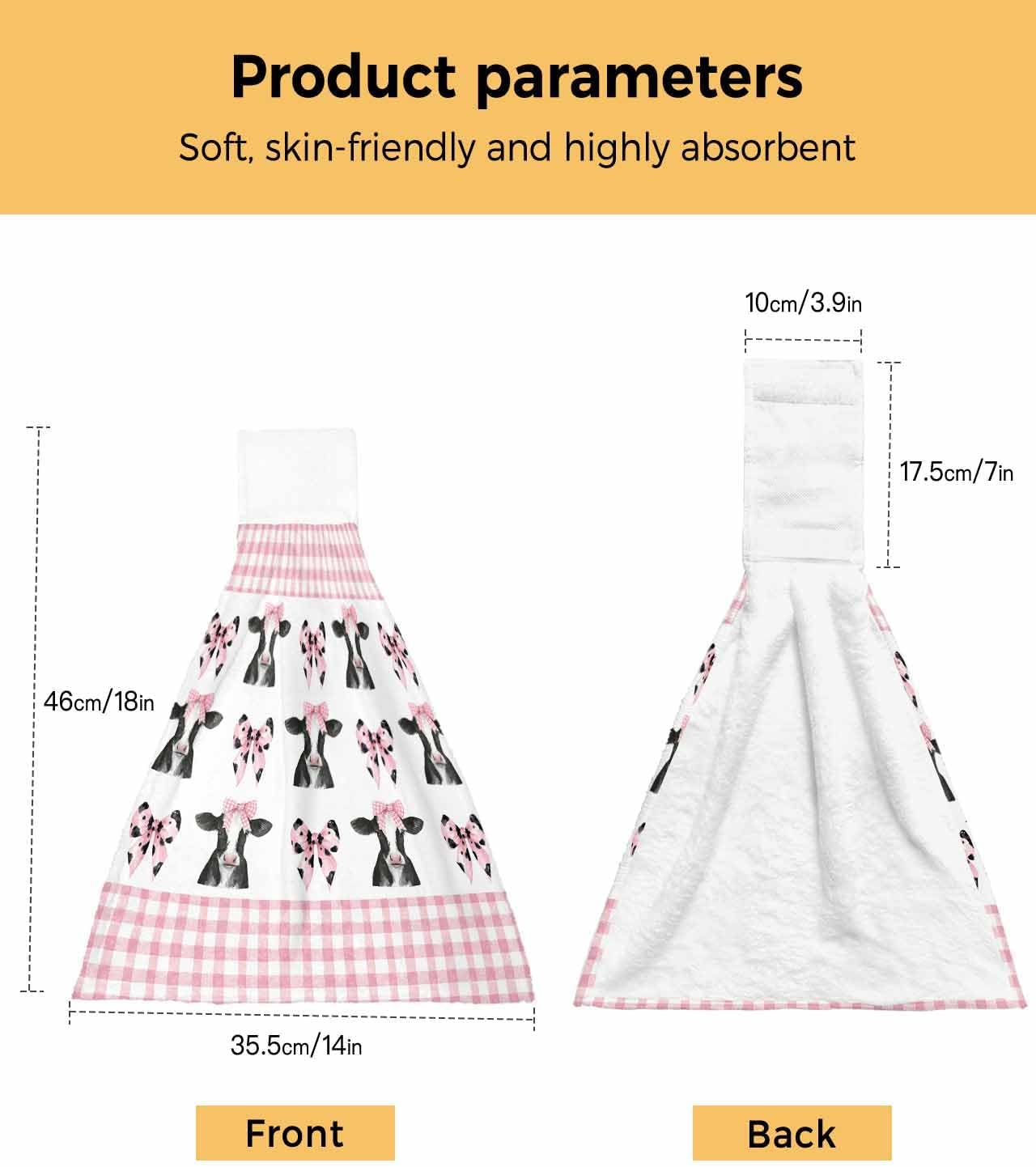 Cute Bow Cow Kitchen Hand Towels with Hanging Loops Set of 2 Farmhouse Cute Animals Pink Buffalo Checkered Soft Thick Oven Fingertip Dry Microfiber Tie Dish Towel Absorbent Cleaning Washcloth