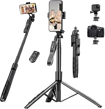 L16 61" Tripod Long Selfie Stick for iPhone&Android Multiple Mount for Camera Gopro Fill Light Aluminum Portable Mobile Tripod with Bluetooth Remote,Black