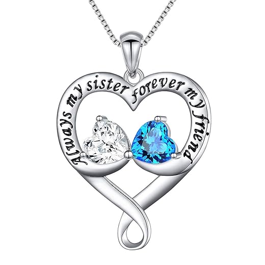 DAOCHONG Sterling Silver Always My Sister Forever My Friend Double Love Heart Sister Necklace, Box Chain 18"