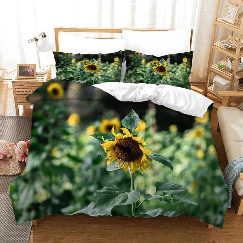 Parure de lit 240x260 cm cyan motif tournesol avec 2 taies d'oreiller