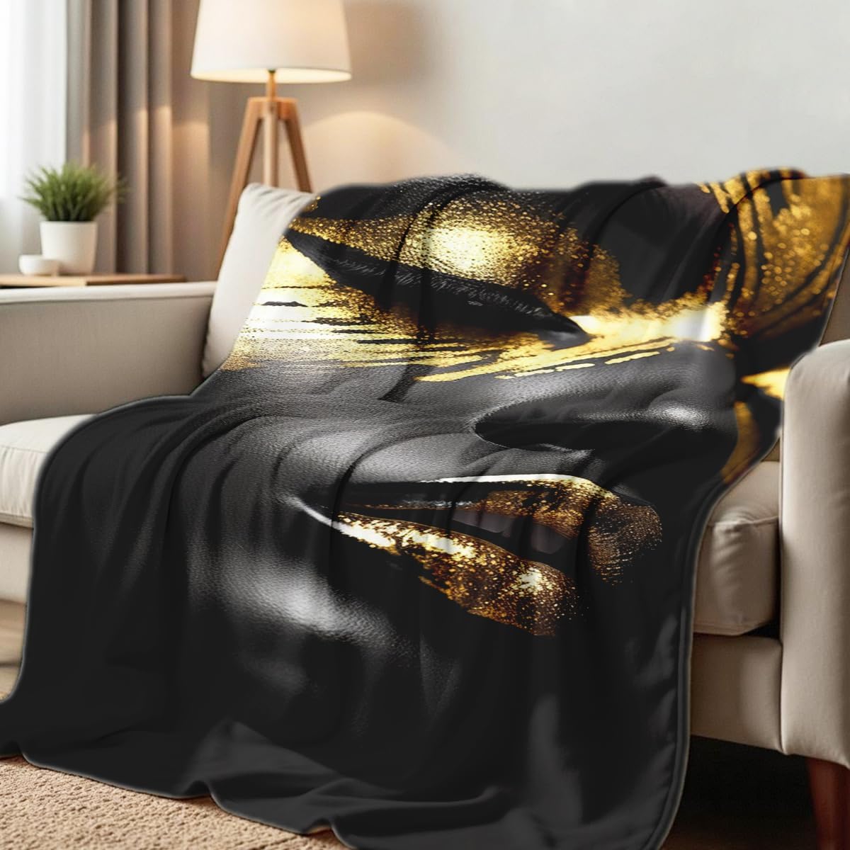 African American Woman Blanket Throw Black Gold Print Flannel Blanket Gifts for Girls Female Women African American Couch Bed Living Room Home Decor 49"x59"