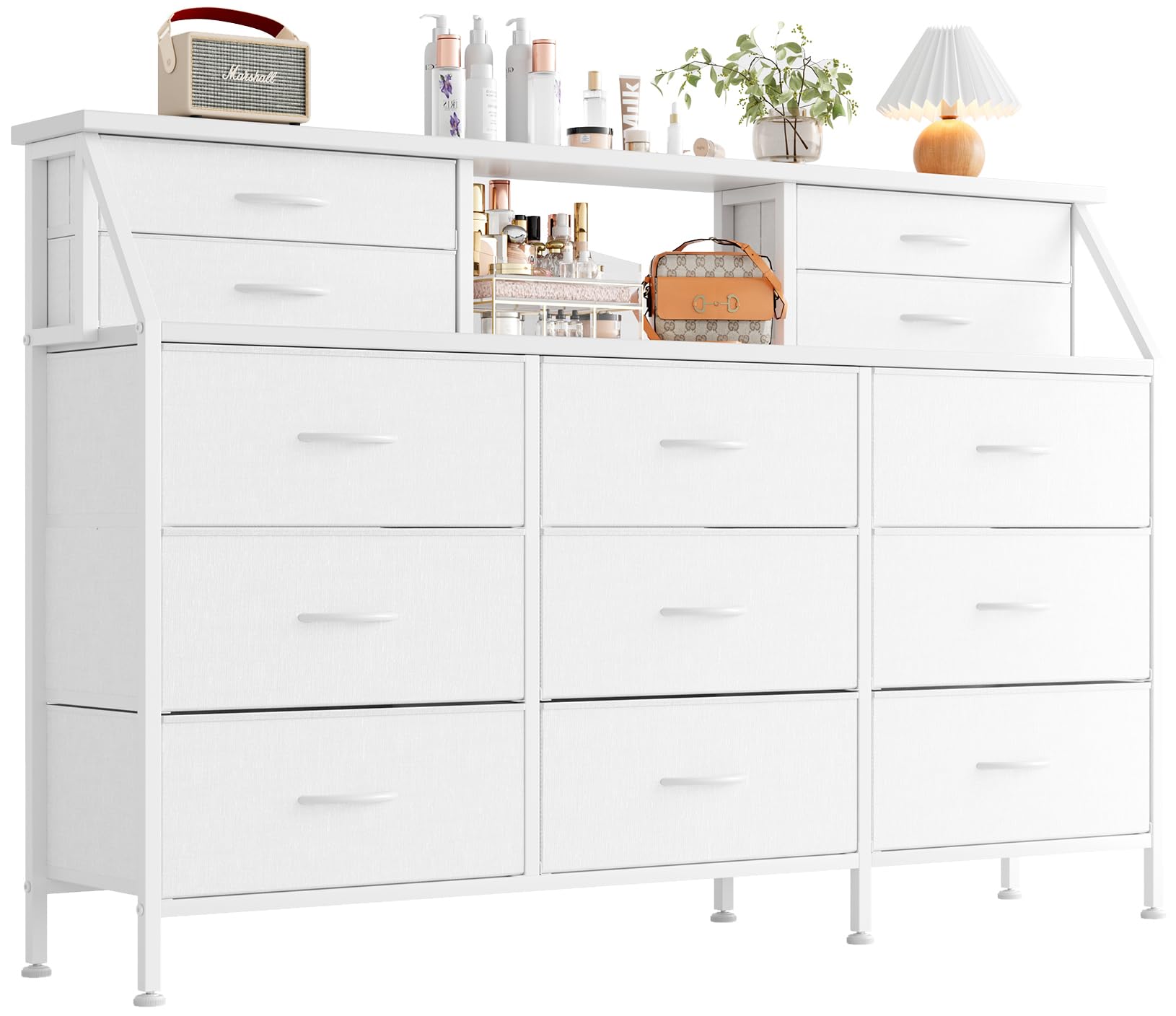 Cómoda de tela de 55 pulgadas con 13 cajones y estantes de madera para ordenar tu habitación