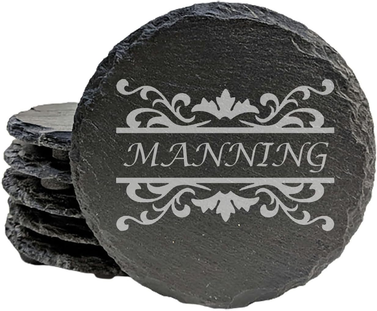 Personalized Monogram Family Coasters, Natural Stone Set, Birthday, Wedding, Customized, Rustic - Round Slate - Set of 6