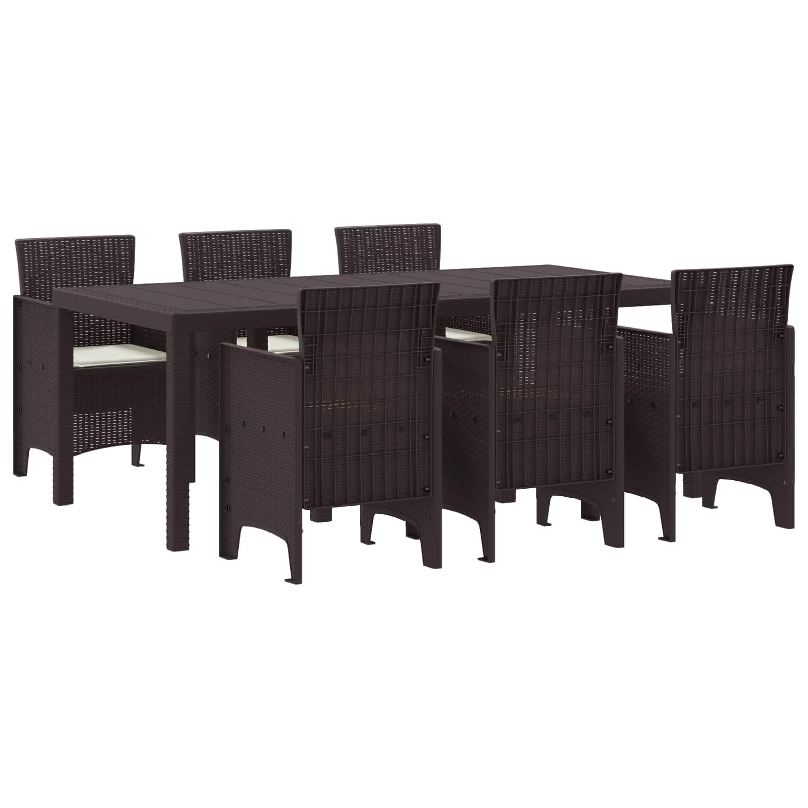 Moderno juego de muebles de jardín para comedor, 7 piezas, marrón, polipropileno, juego con mesa rectangular y seis sillas para terraza