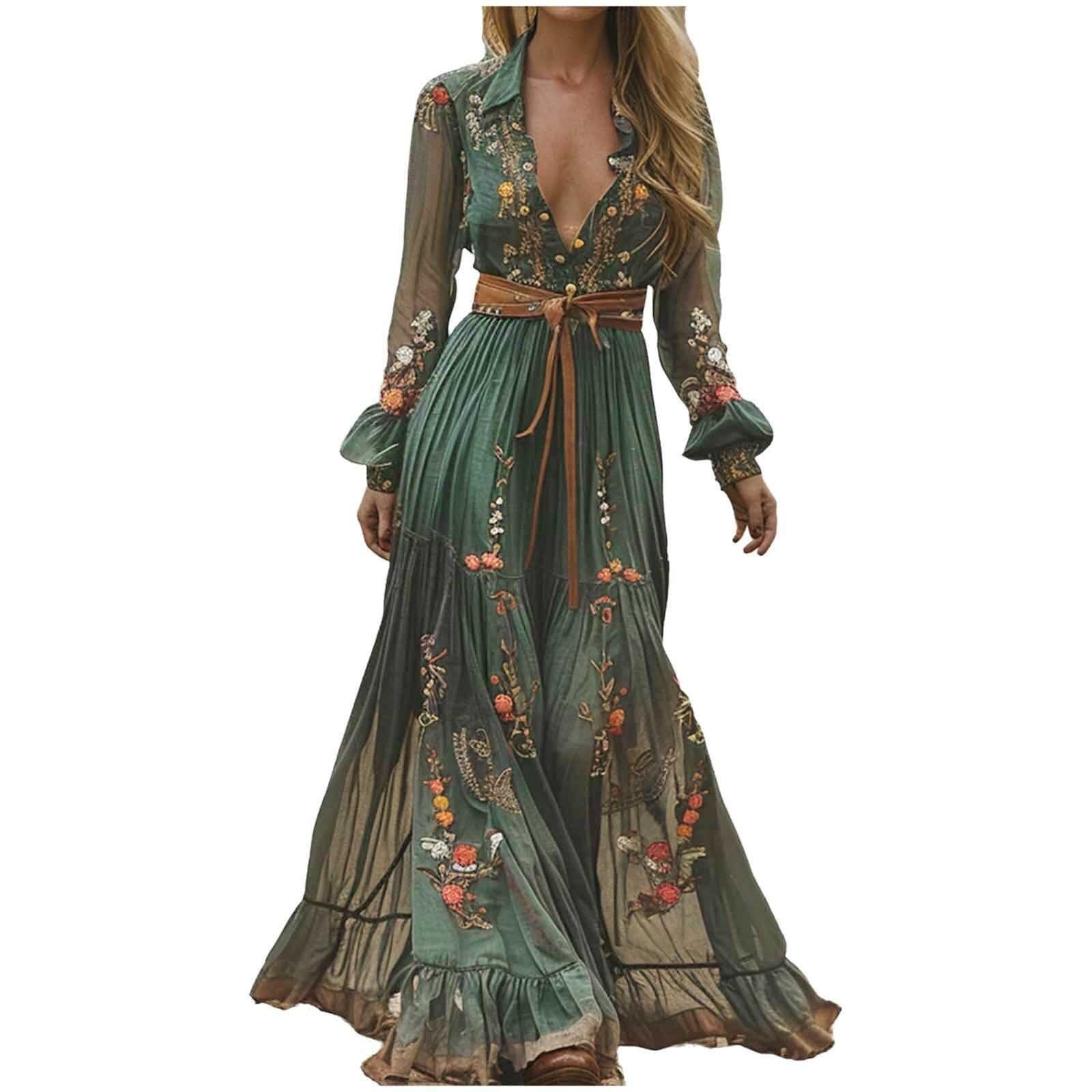 Barley Direct Women's Green Summer Dress Vintage Western Maxi Dress Sexy V-Neck Casual Loose Long Sleeve Rustic Style Flowing Country Flower Lace A-Line Swing Ruffle Without Belt(,M)