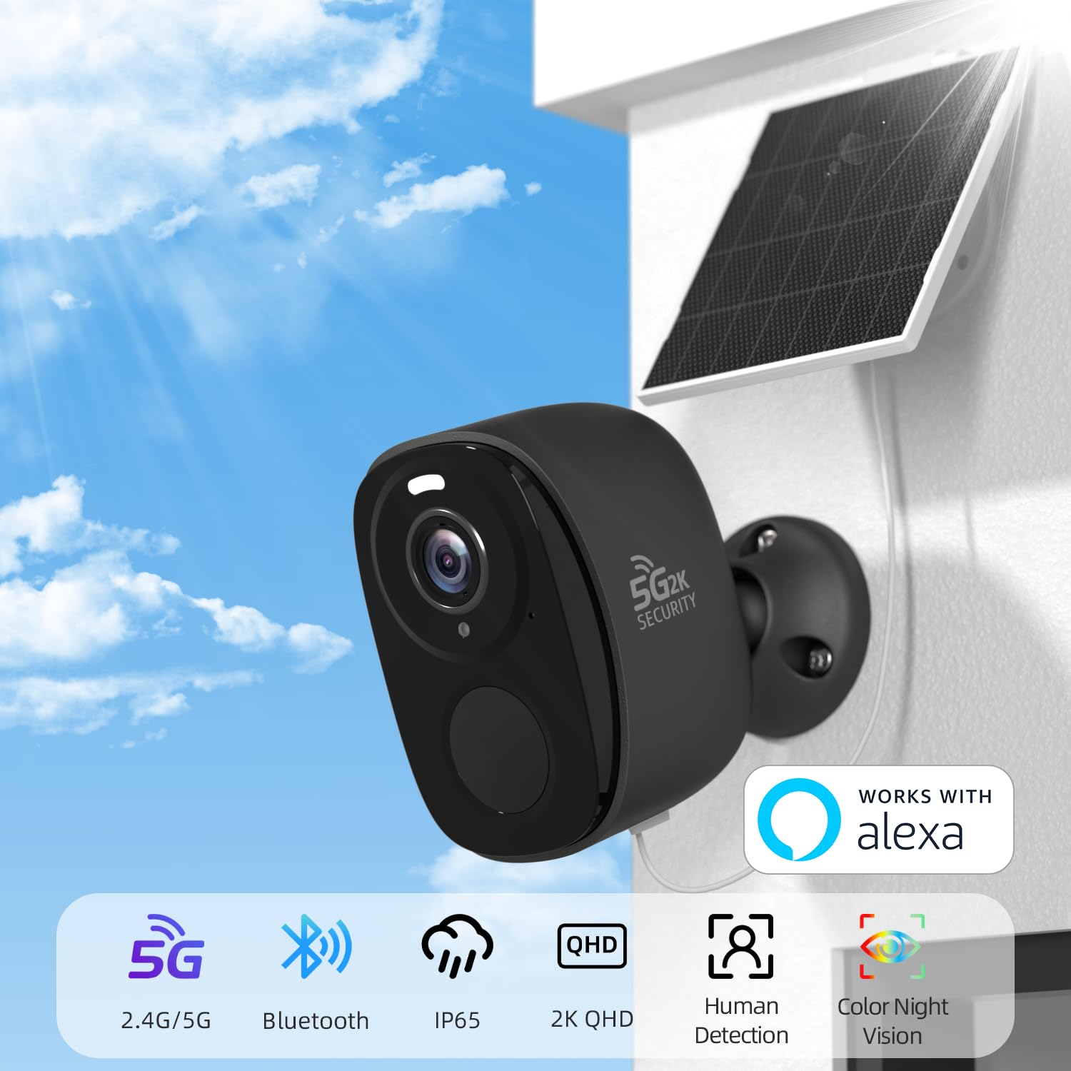 Lot de 4 caméras de sécurité d'extérieur sans fil 2K solaires sans fil avec Wi-Fi 5 GHz/2,4 GHz, détection de mouvement AI, vision nocturne couleur, audio bidirectionnel, IP65, stockage SD