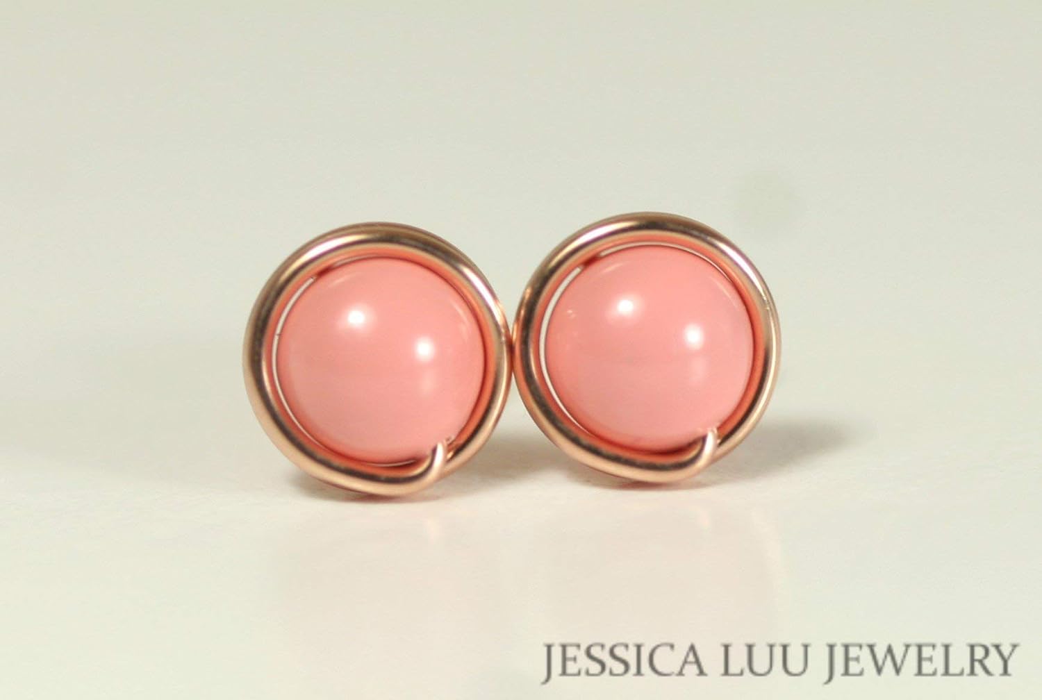 Jessica Luu Jewelry Rose Gold Pink Coral Pearl Stud Earrings Handmade