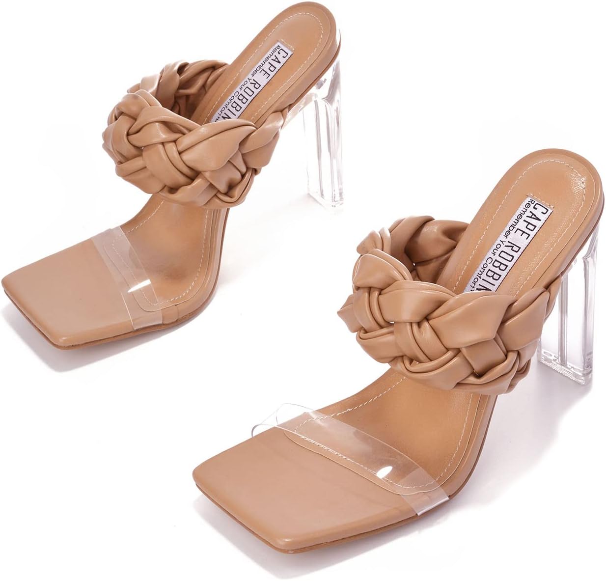 Cape Robbin Zimmer チャンキーブロックハイヒール女性用透明ブーティー スクエアオープントゥ, ヌード, 7