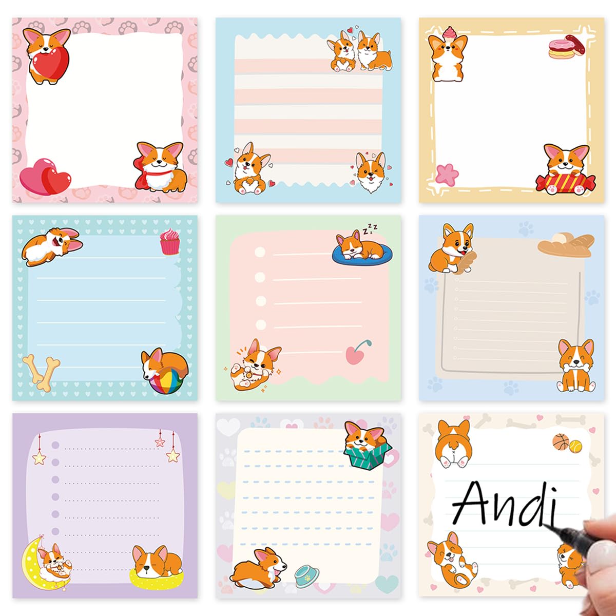 Lovarywow Corgi Sticky Notes Gifts - 9Pack Cute Sticky Notes 3x3 Cartoon Corgi Gifts for Corgi Lovers Corgi Notepads Funny Dog Post Pads for Women