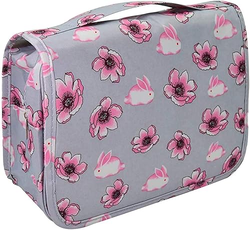 Trawila Neceser colgante de viaje, bolsa de cosméticos, organizador de maquillaje para hombres y mujeres con gancho resistente, Gris (Grey Flower),