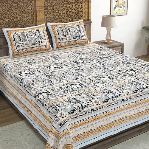 Image of BLOCKS OF INDIA Hand Block Printed 300 TC Cotton Super King Size Bedsheet(106 x 106) (Brush Grey)