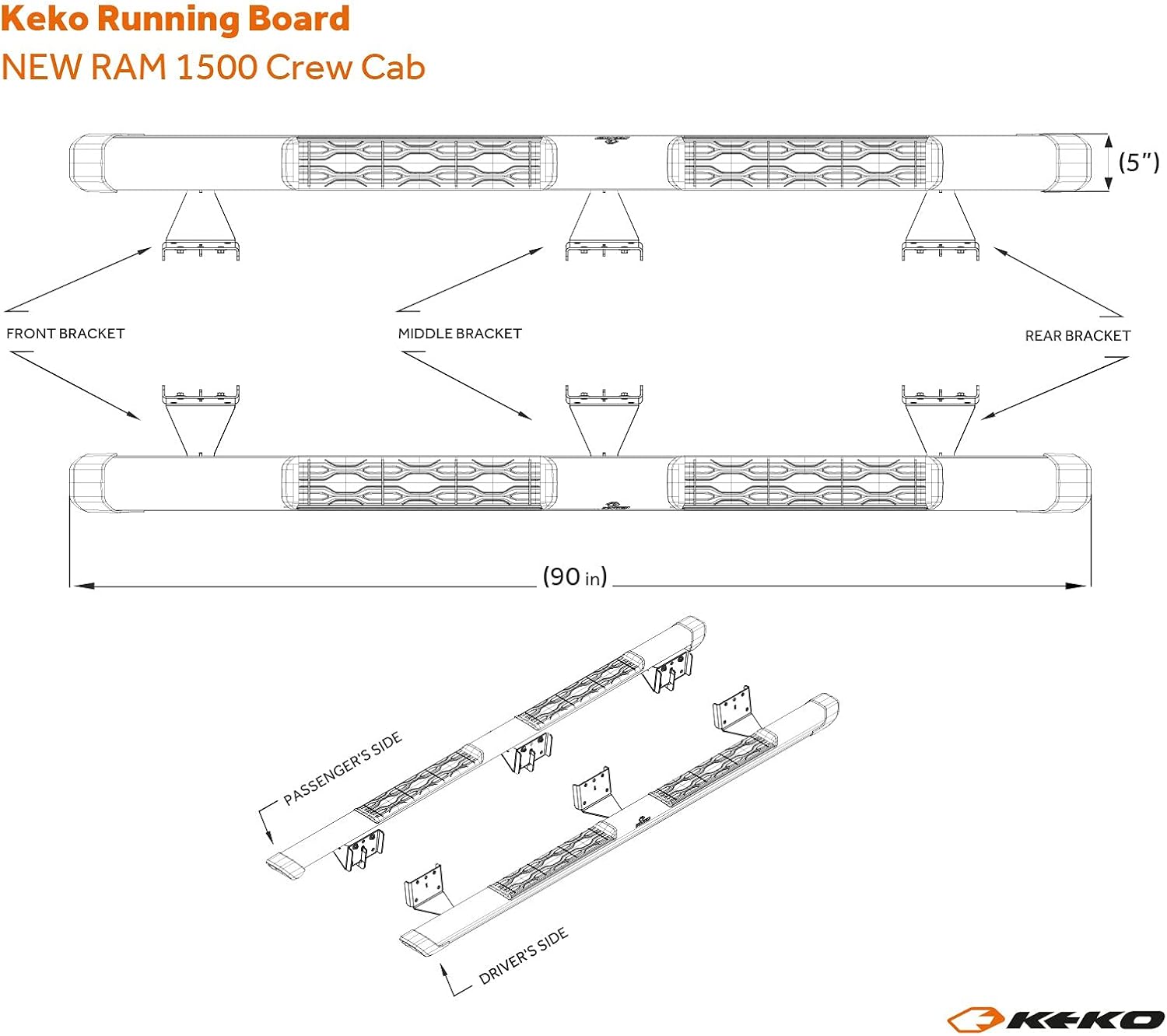 KEKO - Running Boards Compatible with 1500 - Crew Cab 2019-2025 - Truck Side Steps, Nerf Bars for Trucks - Anti-Slip Stepping Plates, Easy Install, Truck Accessories - 6005 T6 Aluminum & Alloy Steel