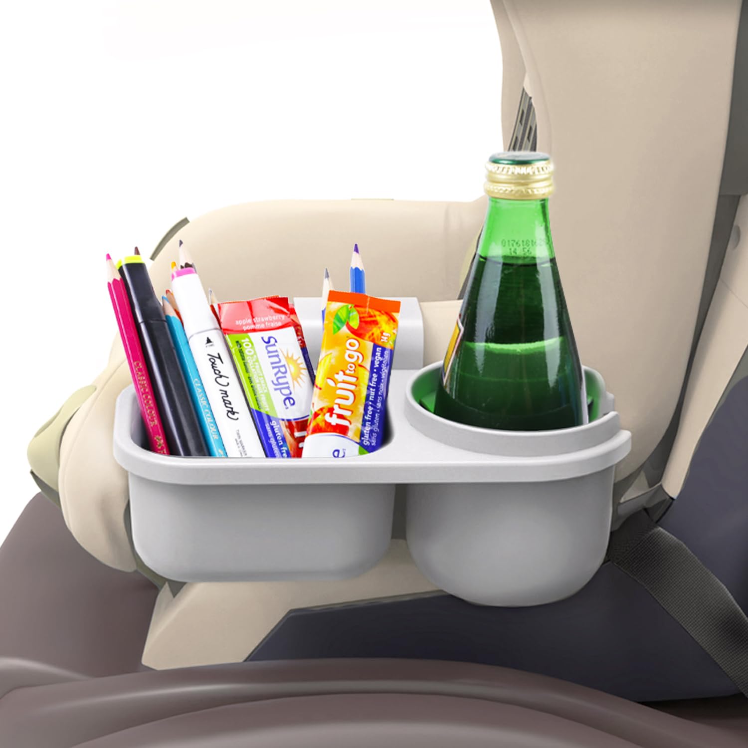 J4102CS Porte-gobelet universel pour enfant avec dosette à goûter, gris, matériau ABS, compatible avec la plupart des sièges auto et poussettes convertibles