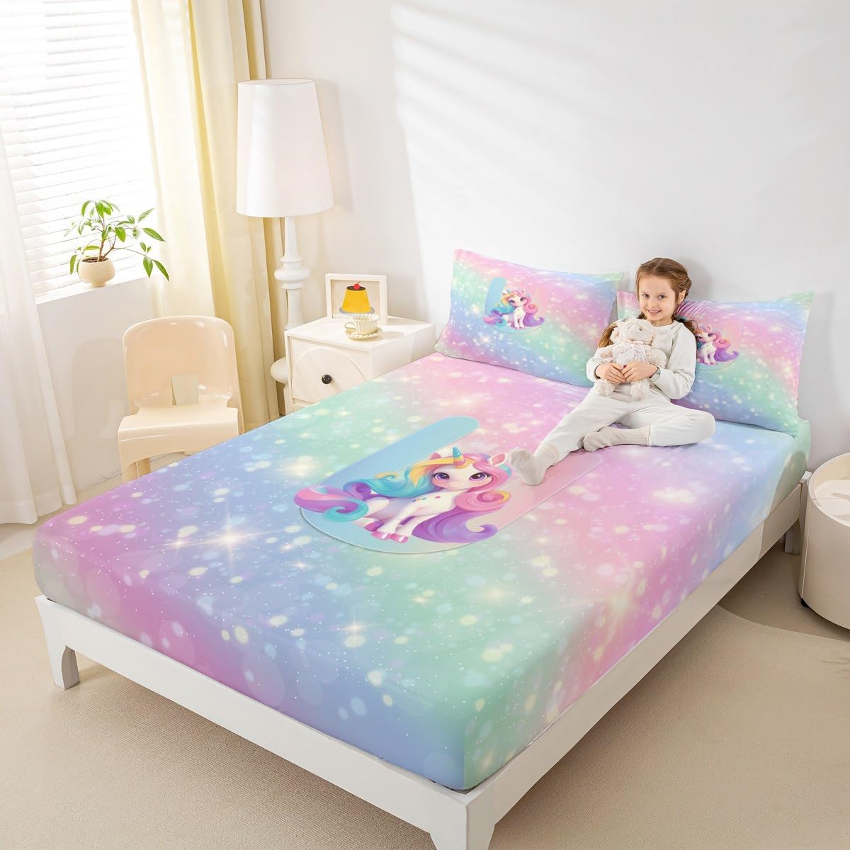 Unicorn Girls Bedding Set Queen for Kids Rainbow Pink Unicorn Fitted Sheet, Galaxy Stars Gradient Glitter Bed Sheets for Princess Style Room Decor Kawaii Cute Initial Letter U Sheets