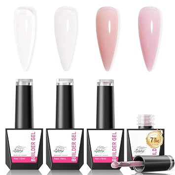 Builder Gel for Nails, 4X15ml 7 in 1 Builder Gel Nail Polish, LED Lamp Cured for Clear Rubber Base & Strengthener Extensions, Thickening, Repair Clear, White, Nude, Pink