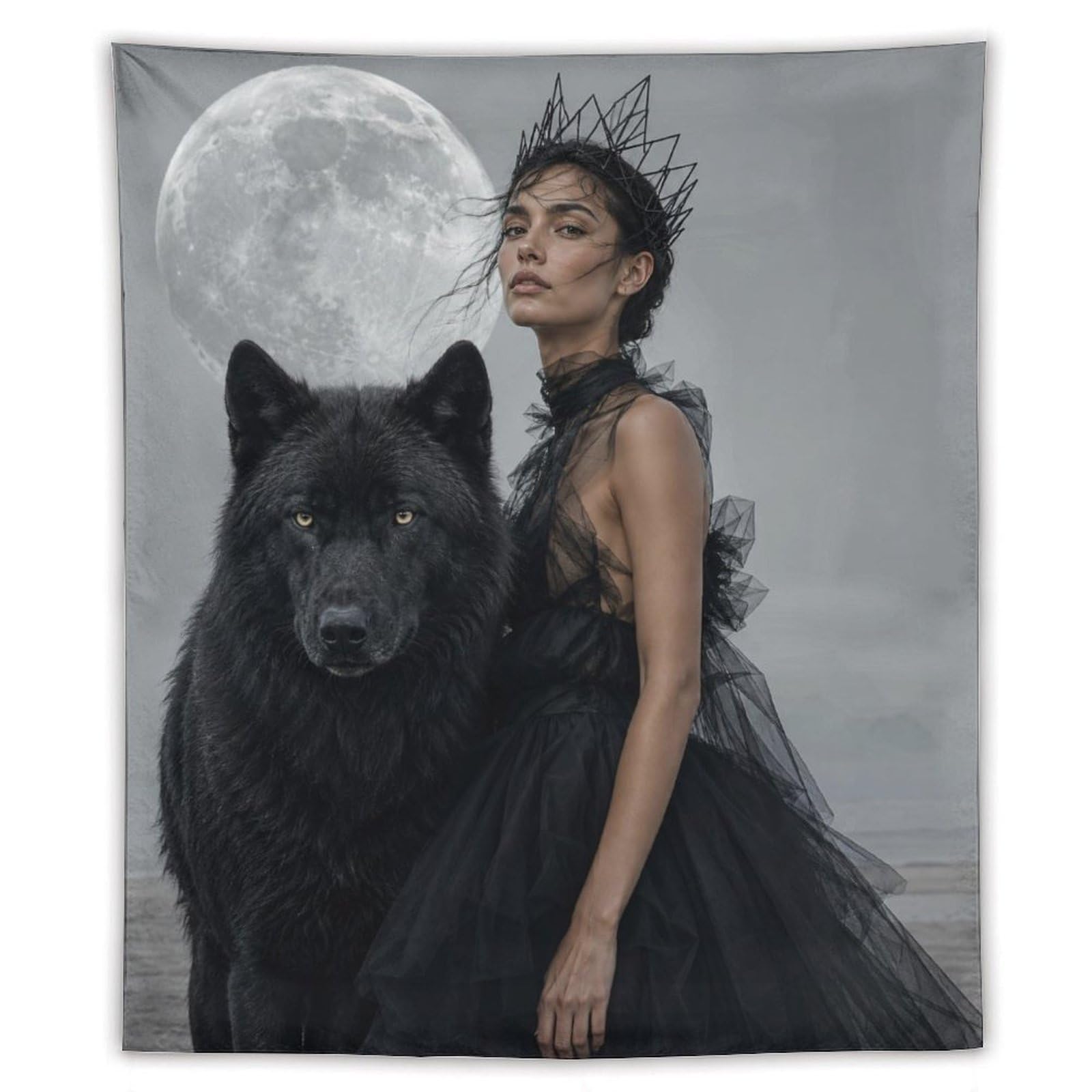 W7C8U2X3 Woman with Black Wolf Wall Tapestry, Surrealist, Room Divider
