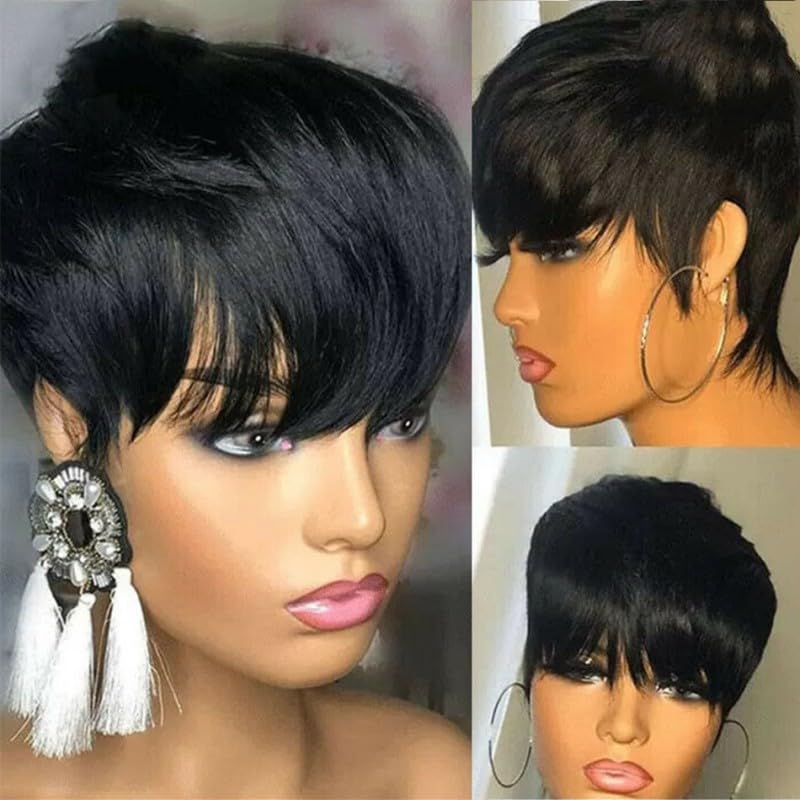 Pixie Cut Real Hair Wigs with Bangs Natural Short Black Layered Wavy Wigs Human Hair for Black Women Breathable Capless Heat Resistant Tangle Free (Black,4inch)