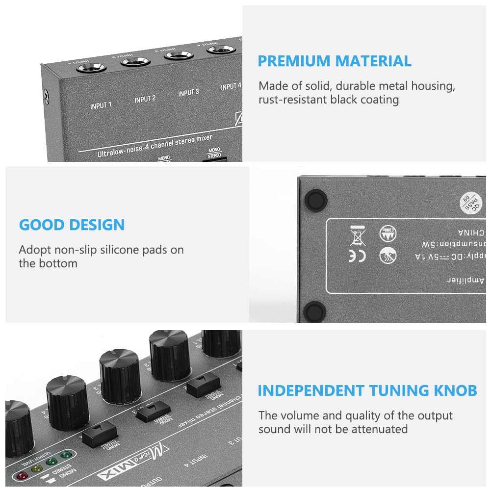 OFFCUP 4-K-Audio-Mixer, ultrakompakter, geräuscharmer Metall-Karaoke-Sound-Mixer mit separater Lautstärkeregelung für Gitarre, Bass, Keyboard, Mikrofon (Grau)