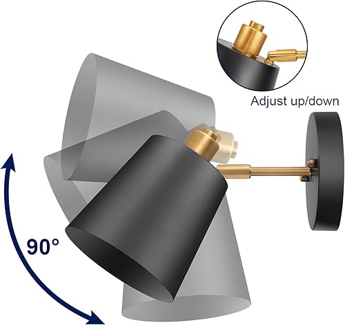 Miniatura 2 de Juego de 2 apliques de pared vintage negros, luces de pared industriales con cabezal de latón ajustable, lámparas de pared para interiores, lámparas