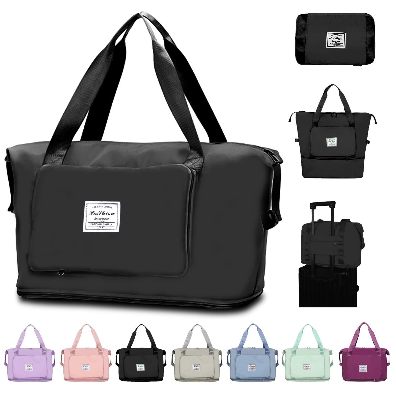 SUDEAUOLarge Capacity Folding Travel Tote Bag, Oxford Fabric Waterproof Lightweight Foldable Travel Duffel Bag, Portable Expandable Travel Bag, Dry and Wet Separation Carry On Bag for Airplanes, Black