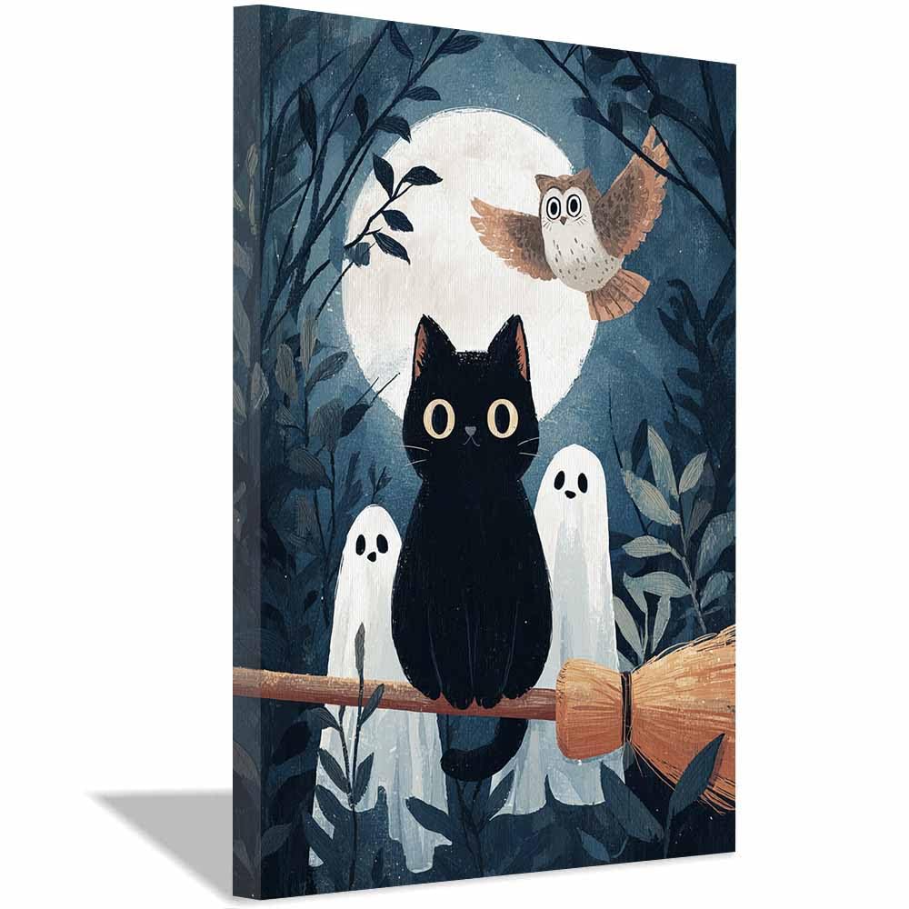 Toile Halloween chat noir et fantômes | Solution déco murale prête à suspendre - 8