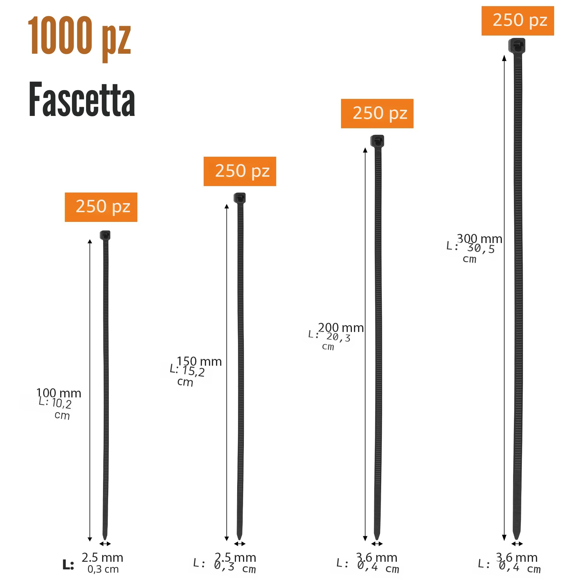 Fascette Elettricista Nere 1000 pezzi 100-300mm Plastica Resistente Alla Temperatura 18 kg