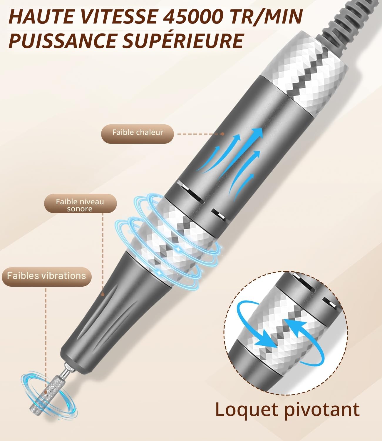Zawaer Ponceuse pour Ongles 45,000RPM, Professionnelle Lime A Ongle Electrique, Ponceuse Ongles avec Écran LCD, Ensemble d’accessoires Kit avec Manucure Pédicure, pour Salon, Usage Maison Or