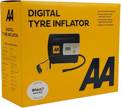 AA 12V Digital Tyre Inflator AA5502 – For Cars Other Vehicles Inflatables Bicycles - Shows PSI BAR KPA 3-100 PSI – Includes Adaptors, Black