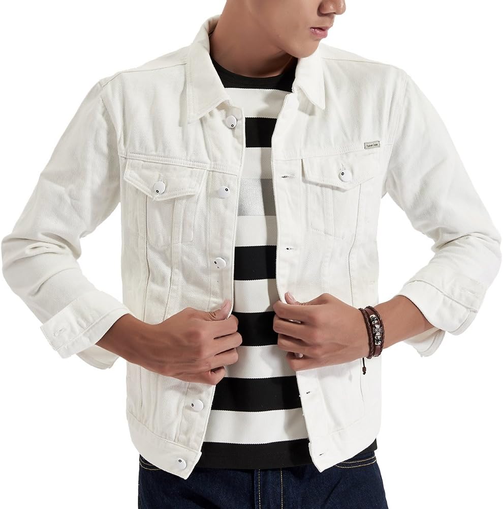 Men’s Casual Denim Jacket(White,Large)