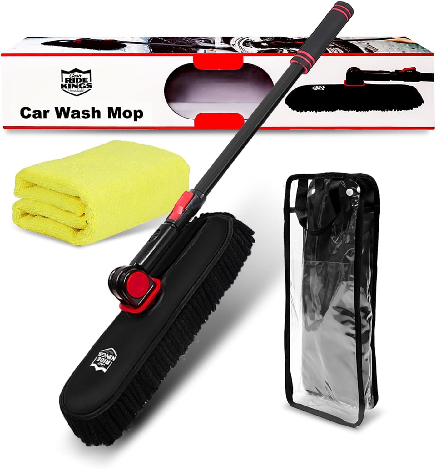 Car Wash Kit,Chenille Microfiber Car Cleaning Brush with Long Handle,Car Wash Supplies Exterior Scratch Free,1PC Microfiber Cleaning Cloth 16"*16",for Boat Truck Rv?Windshield Cleaning Tool - Black Black Mop-2