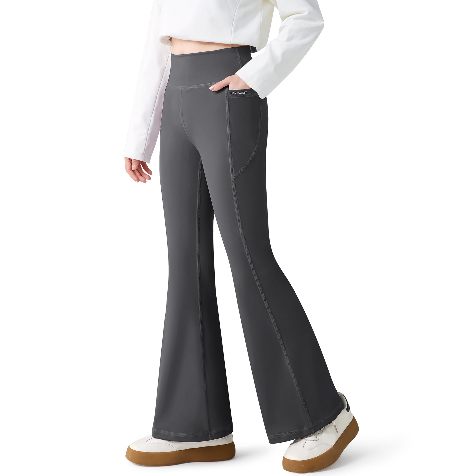 Domueay meisjes sportleggings flared leggings yogabroek hoge taille gymnastiekbroek ondoorzichtige turnbroek elastische kinderbroek dans hardlopen sportbroek voor 10-11 jaar, maat 140-146, wit
