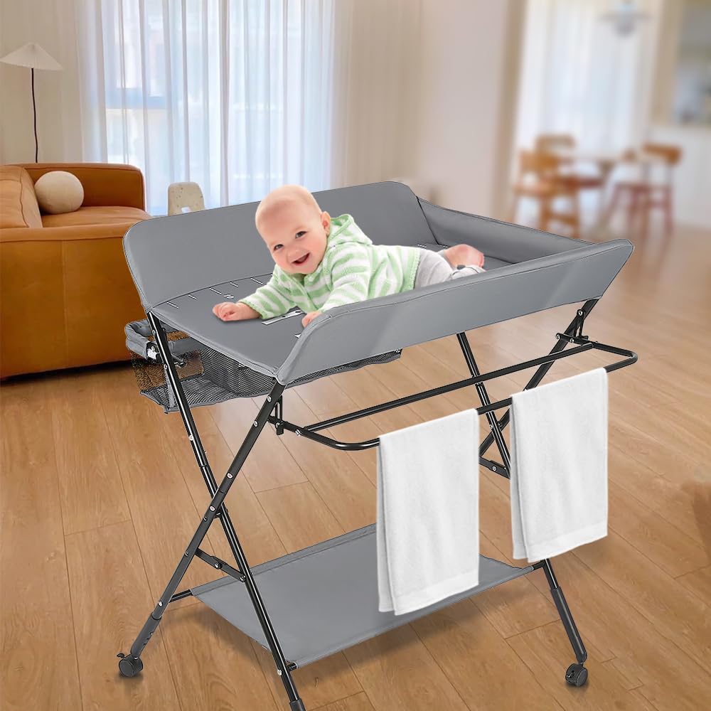homewell Fasciatoio pieghevole per bambini, regolabile in altezza, con ruote e spazio di archiviazione, portata massima 25 kg