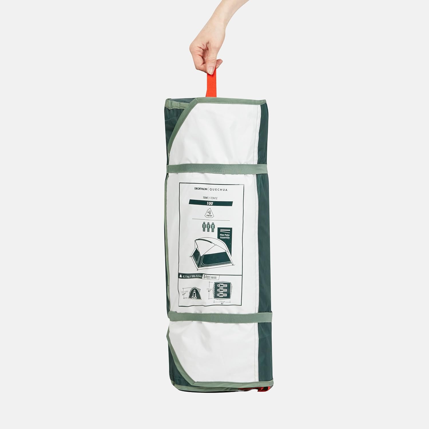 Quechua MH100 Tent Packed in Carry Bag with Dimensions