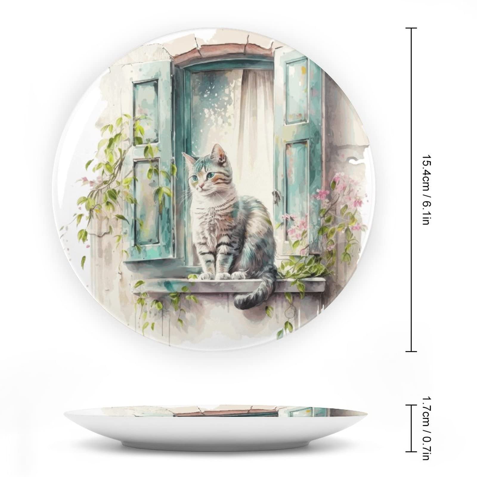 Ceramiczny płytek dekoracyjny z kotem na oknie 15 cm