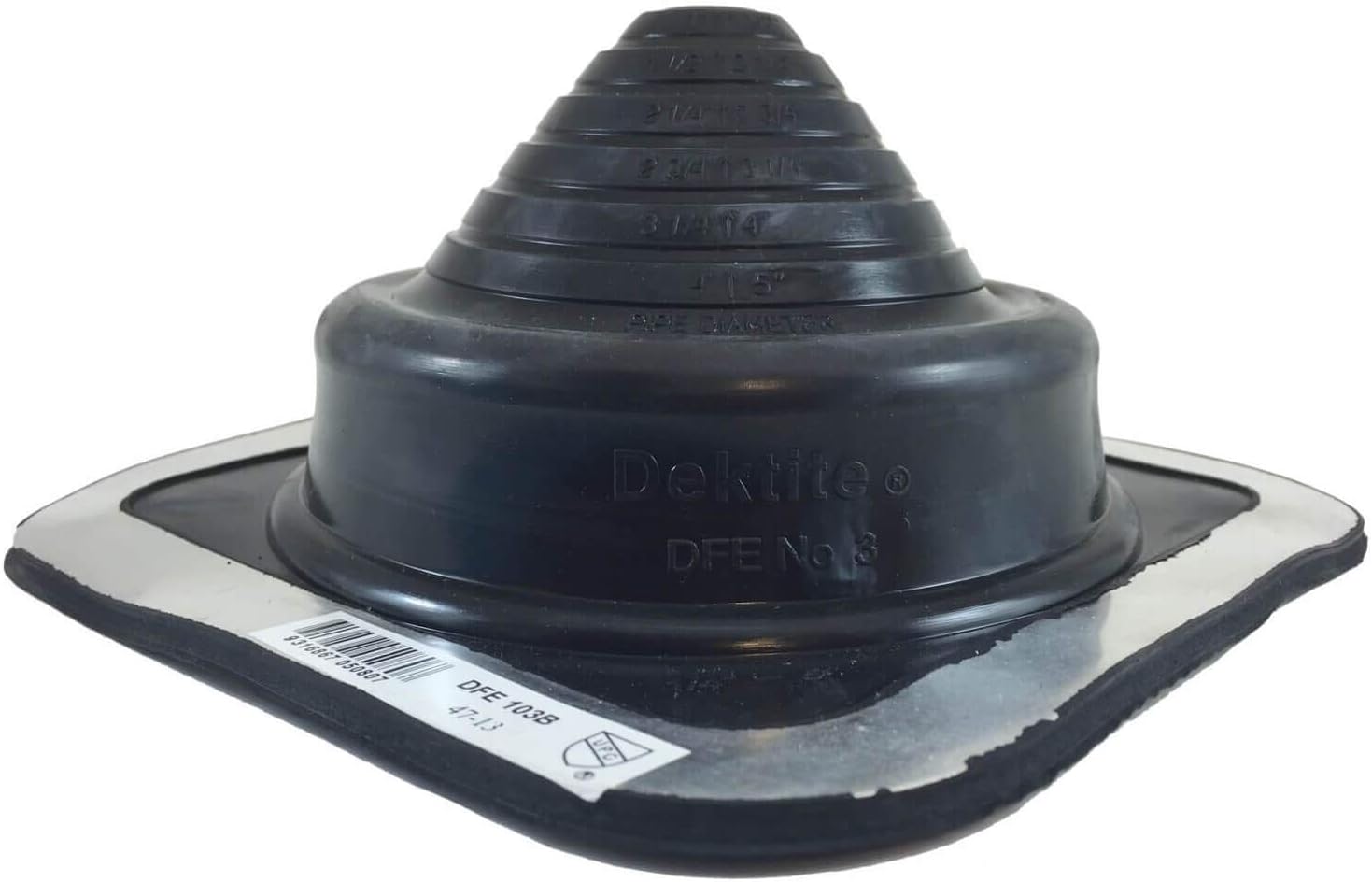 DEKTITE SQUARE BASE PIPE FLASHING BOOT: #3 (DFE103B) BLACK Square Base EPDM Flexible Pipe Flashing Dektite (for OD pipe sizes 1/4" - 5")~Roof Jack Pipe Boot~pipe flashing