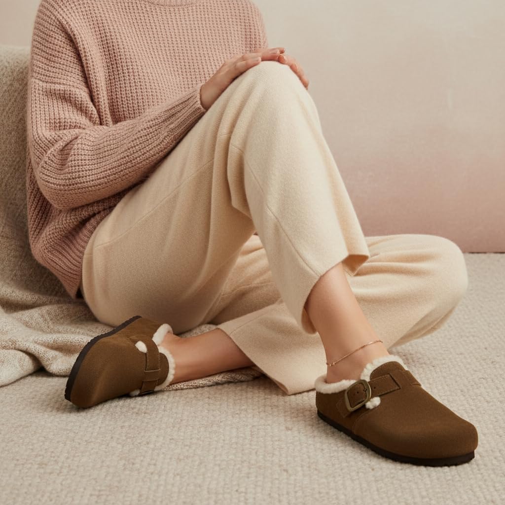 CUSHIONAIRE Haven Genuine Leather Clogs for Women – Faux Fur Lined Slip-On Womens Shoes with Cork Footbed and Adjustable Buckle - Image 7