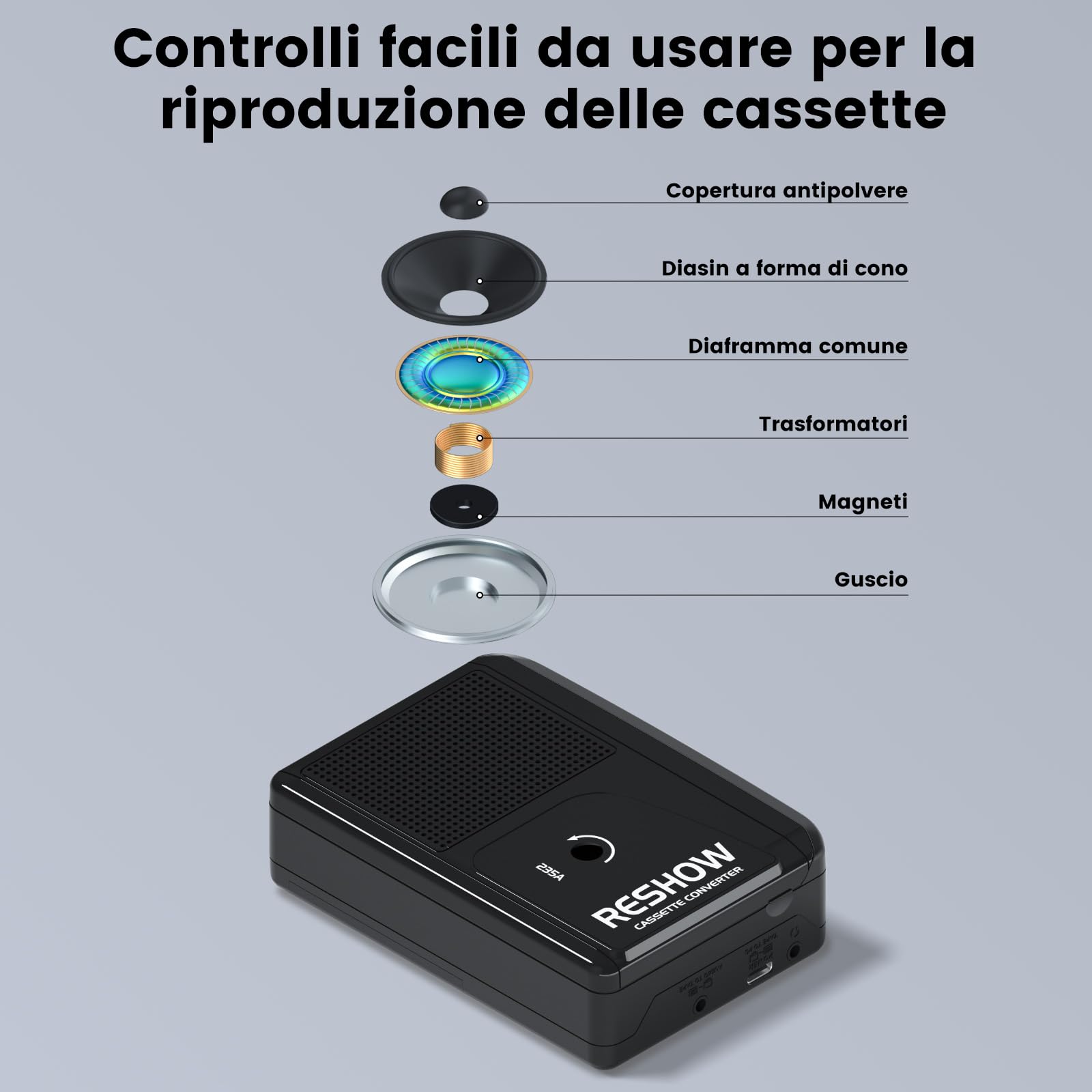 Reshow Lettore di cassette portatile con altoparlante integrato e jack per cuffie, convertitore USB a MP3, lettore di conversione digitale con suono stereo completo - nero