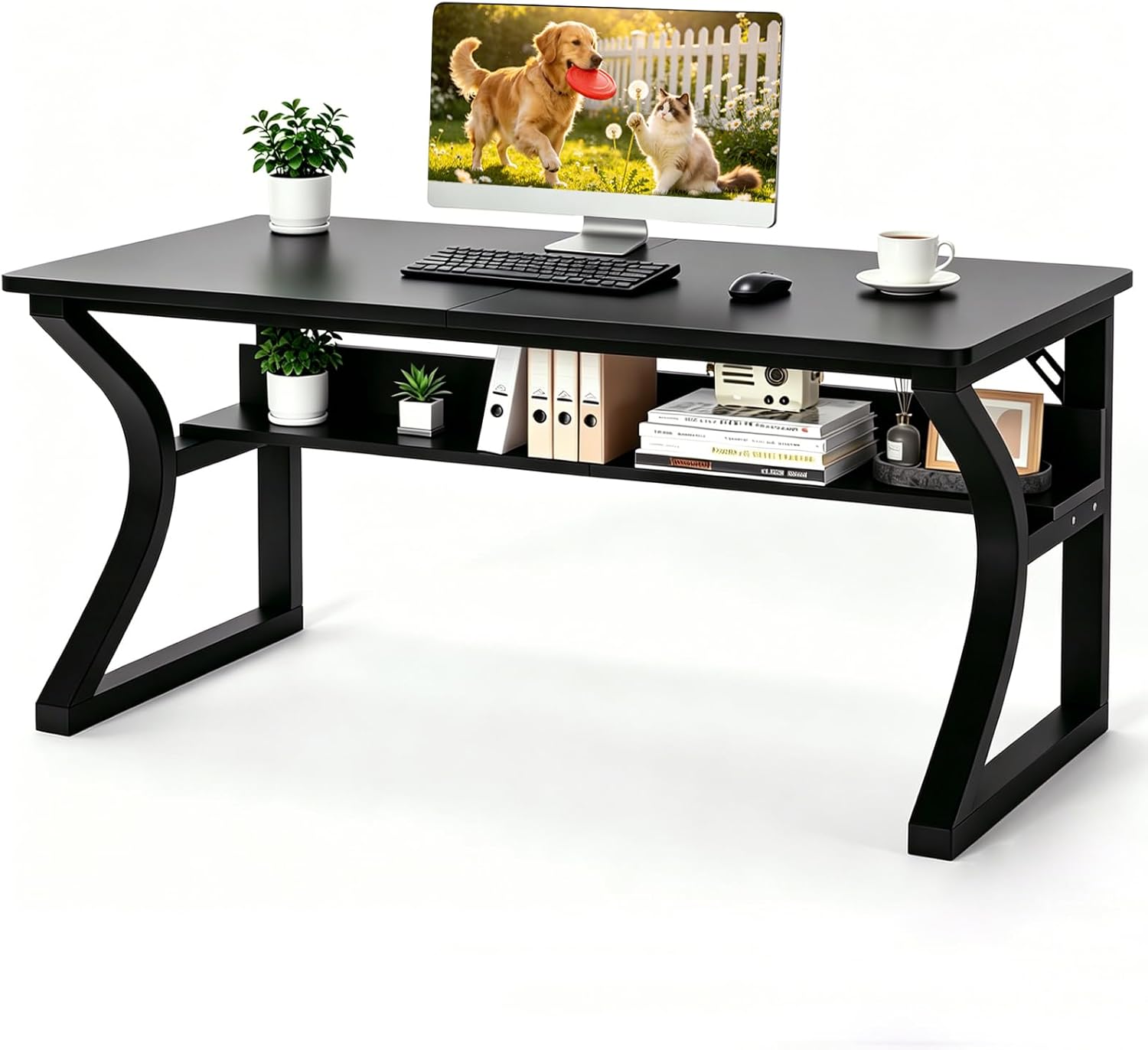 47 X 24 inch Computer Desk, Office Desk w/Storage,Cable Management, Sturdy U-Shaped Metal Frame, Mordern Home Office Desks for Gaming Study Writing, (Black, 47 inch)