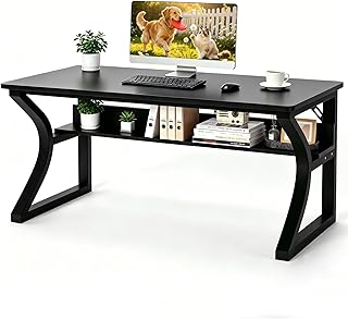55 X 24 inch Computer Desk, Office Desk w/Storage,Cable Management, Sturdy U-Shaped Metal Frame, Mordern Home Office Desks for Gaming Study Writing (Black, 55 inch)