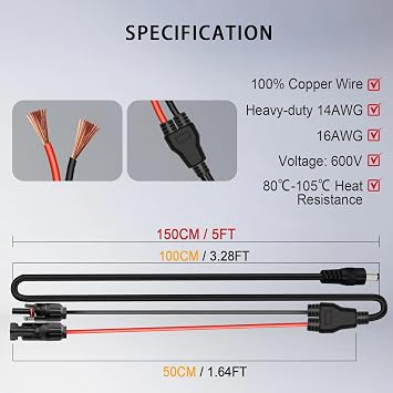 COMeap 5FT 1.5M Solar Panel Adapter for Jackery, to DC 5.5x2.1mm Extension Power Cable with DC 3.5x1.35, 5.5x2.5 and 8mm Connector Compatible with Solar Panel Charger and Portable Solar Generator