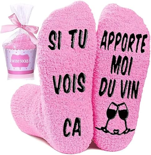 Chaussettes Femme Hiver, Chaussons Chaussettes Chaudes Femme Fantaisie Antidérapantes Rigolote Humour Chaussettes SI TU VOIS ÇA APPORTE MOI DU VIN, Idee Cadeau Noel Anniversaire Saint Valentin 39 42