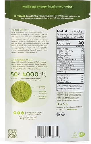 Miniatura 7 de Rasa Matcha  Matcha adaptogénico potenciado con hongos  Tónico de bienestar vegano, keto, ayurveda con melena de león + Rhodiola (6 onzas24