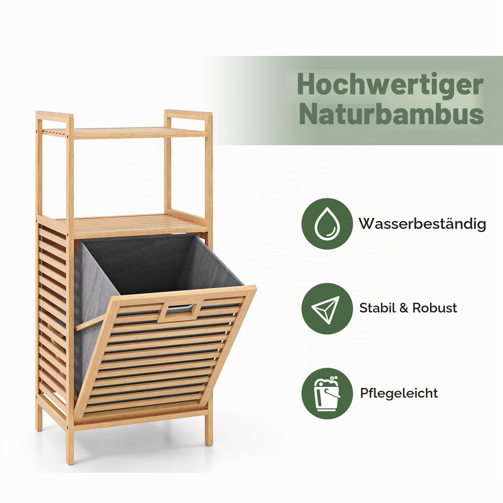 LIFEZEAL Wäscheregal, Wäschekorb Wäschesammler mit 2 Ablagen, Wäschesack mit herausnehmbarem Stoffkorb für Bad Wäsche, Natur