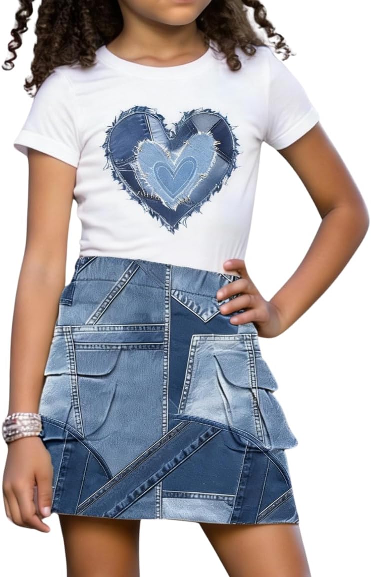 Tween Girl Clothes Short Sleeve Bow Knot Top + Denim Mini Skirt Teen Girl Clothing, Size 8-14 Years