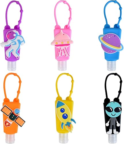 6Pcs Travel Size Kids Empty Hand Sanitizer Bottles with Keychain Holder Detachable Silicone Protective Case 30ml Plastic Travel Bottles Leak Proof Refillable Containers - Space