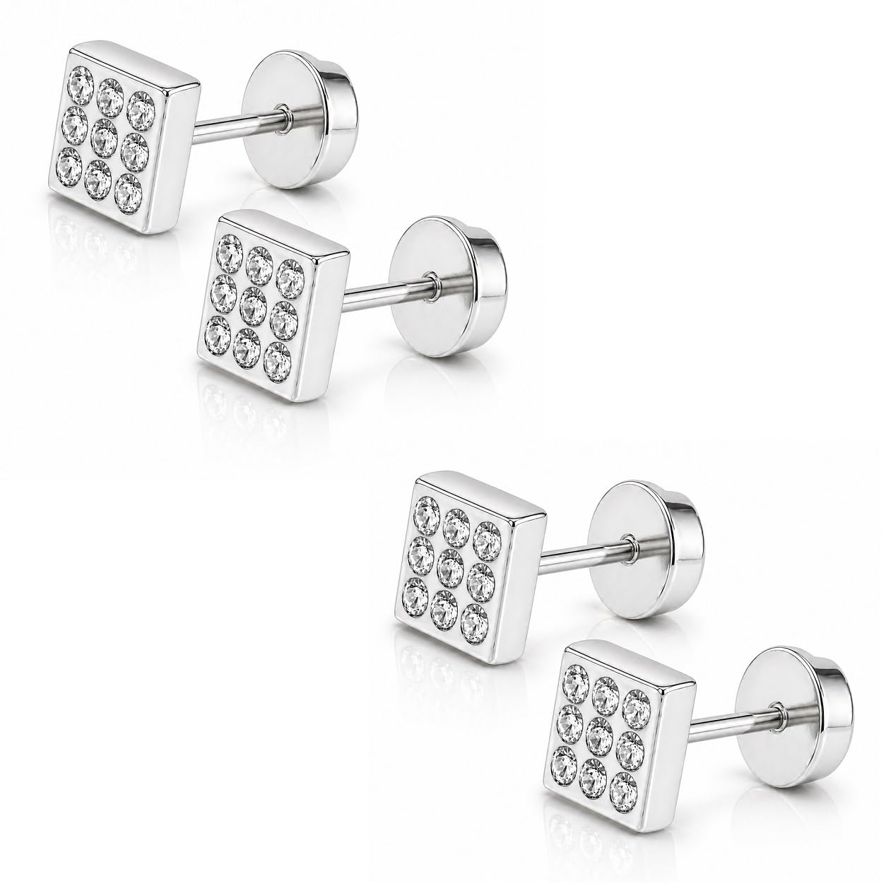 2 Pair Silver Color Sparkling Stylish & Anti-Tarnish Square Cubic s Screw Back Zircon Stainless Steel Stud Earring-image-41