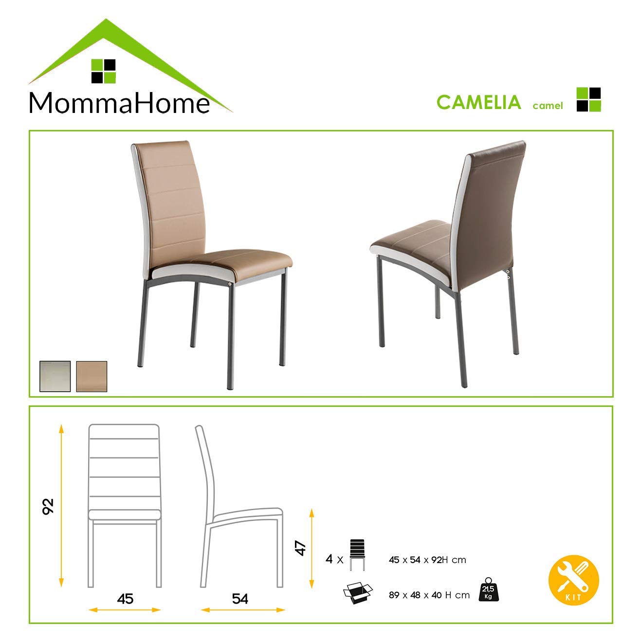 MOMMA HOME Set de 4 Sillas - Modelo Camelia - Color Camel/Blanco - Material Ecopiel/Metal - Medidas 45 x 54 x 92 cm