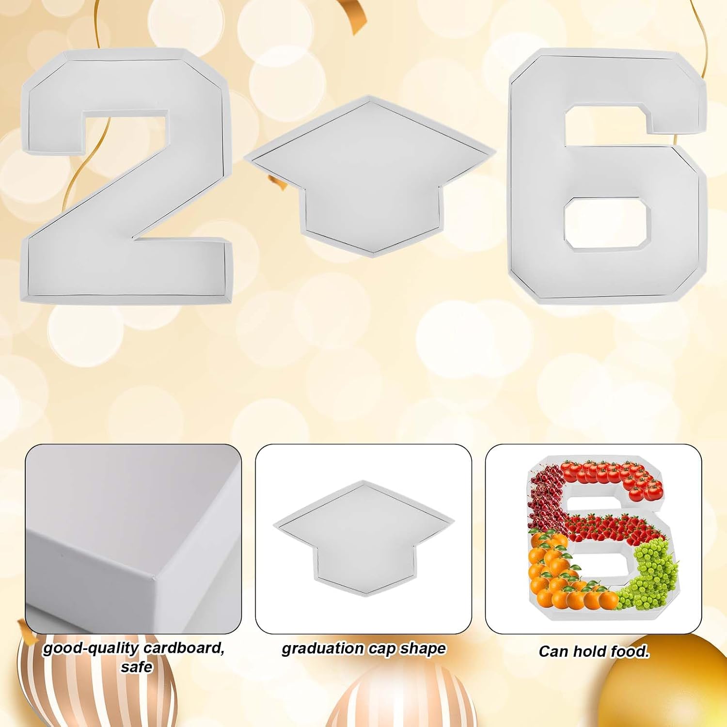 Graduation 2026 Charcuterie Fillable Letters, Number Charcuterie Board with Graduation Cap Food Fruit Tray Fillable Numbers Box for 2026 Grad Party Anniversary Banquet New Year (White)